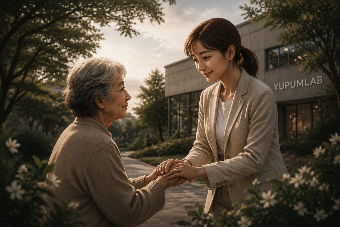 상담자가 어르신의 두 손을 마주 잡고 이야기를 듣고 있다