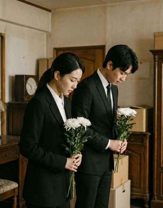 검은 정장을 입은 유품정리사 두 명이 흰 국화를 들고 고개를 숙여 예를 갖추고 있다